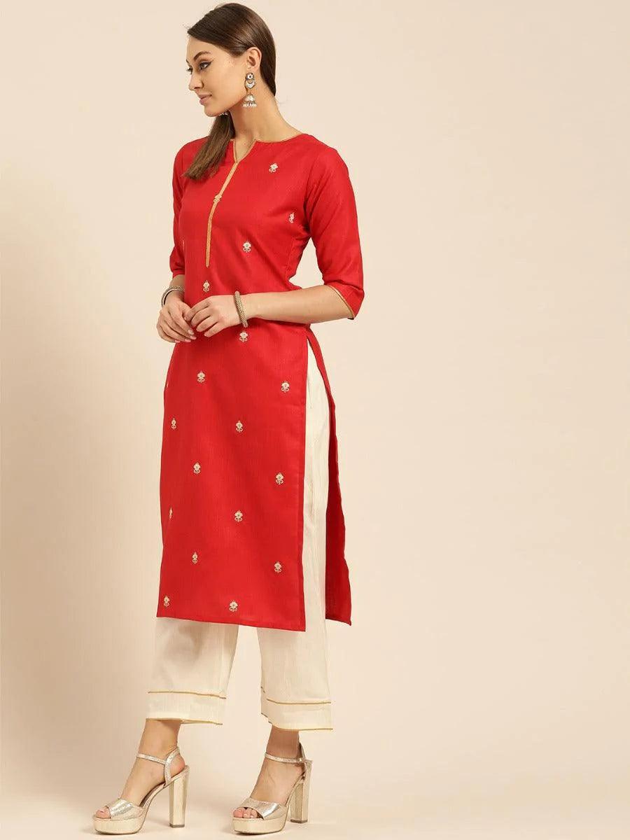 Red Embroidered Cotton Kurta Set