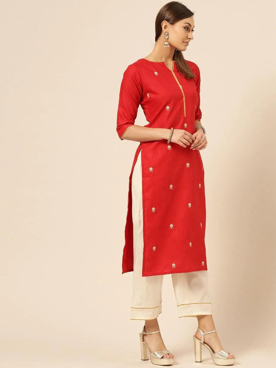 Red Embroidered Cotton Kurta Set