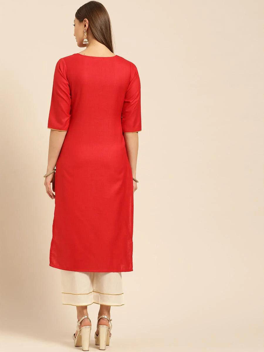 Red Embroidered Cotton Kurta Set