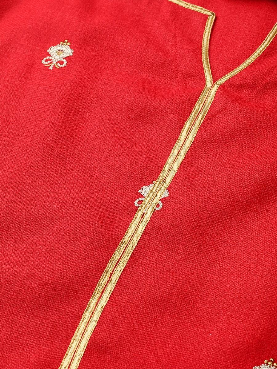 Red Embroidered Cotton Kurta Set