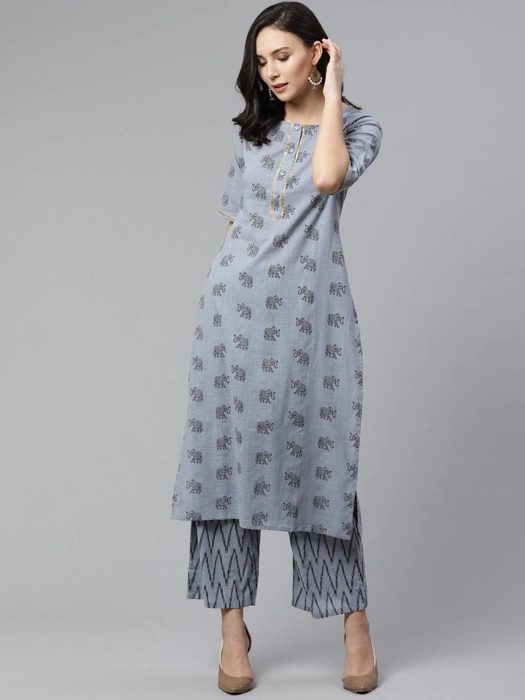 Blue Printed Cotton Kurta Set - ShopLibas