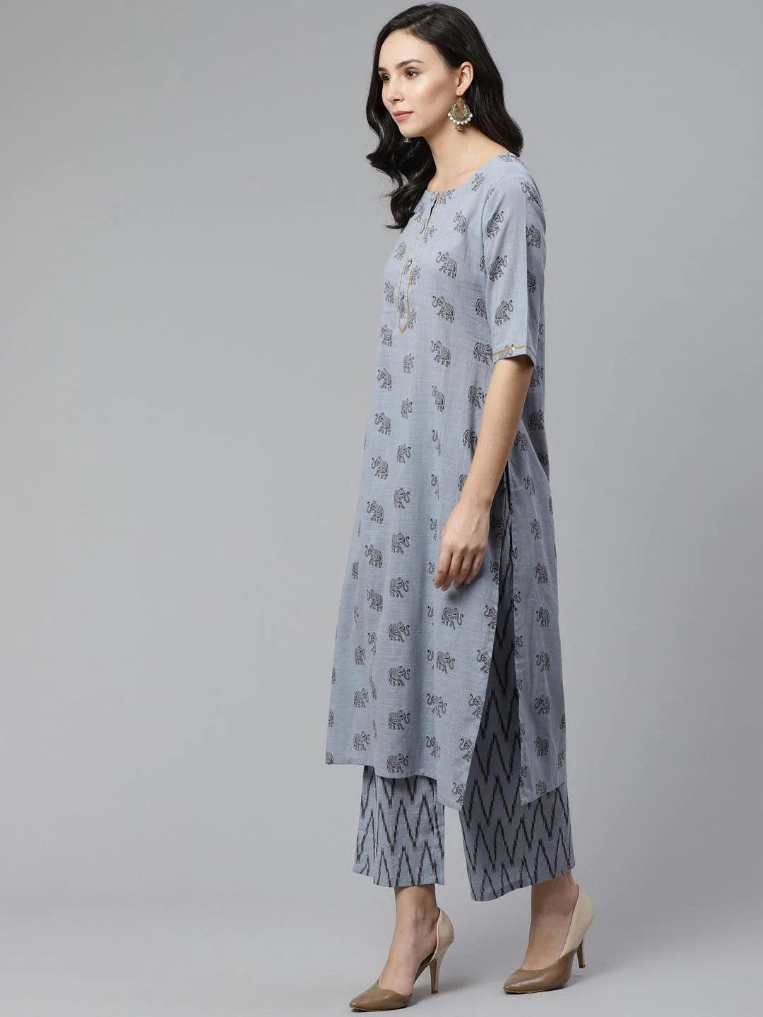 Blue Printed Cotton Kurta Set