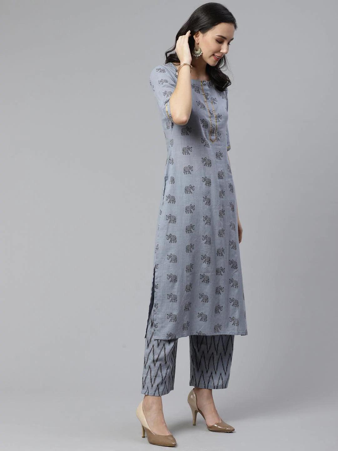 Blue Printed Cotton Kurta Set