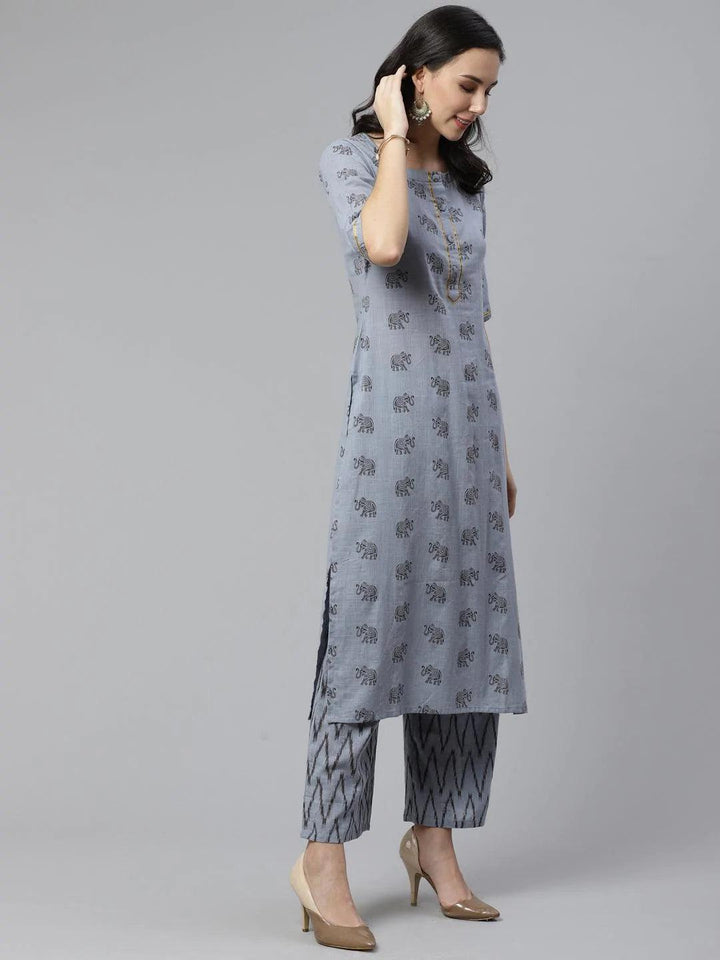 Blue Printed Cotton Kurta Set - ShopLibas