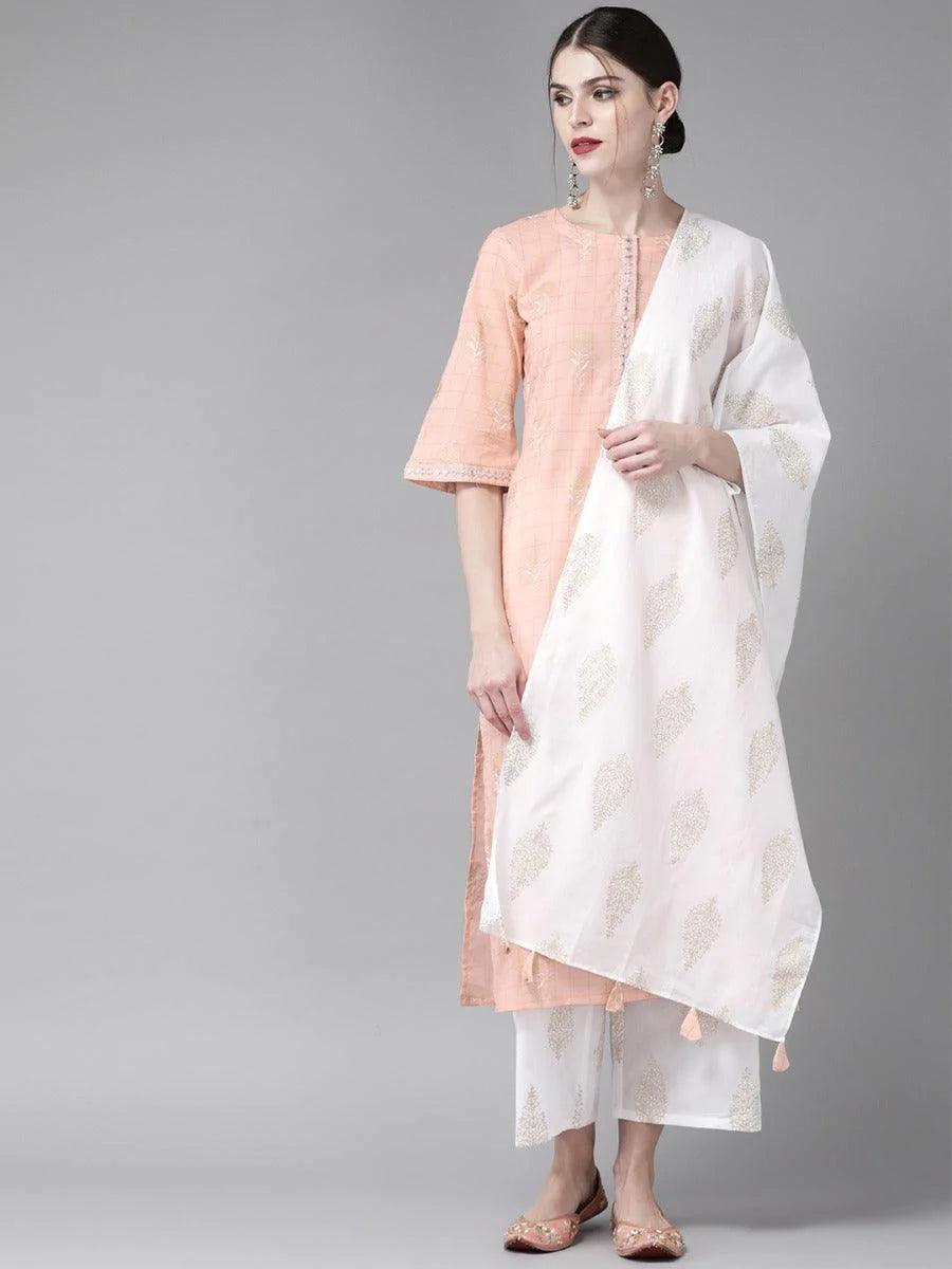 Peach Printed Cotton Suit Set