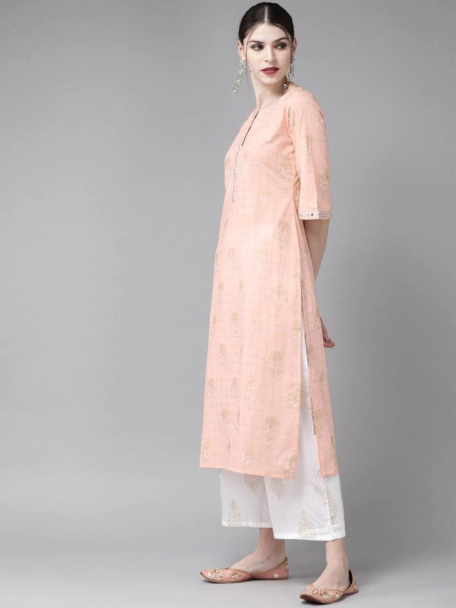 Peach Printed Cotton Suit Set