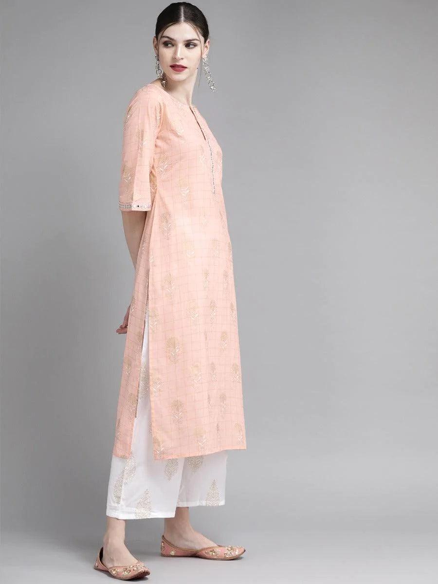 Peach Printed Cotton Suit Set