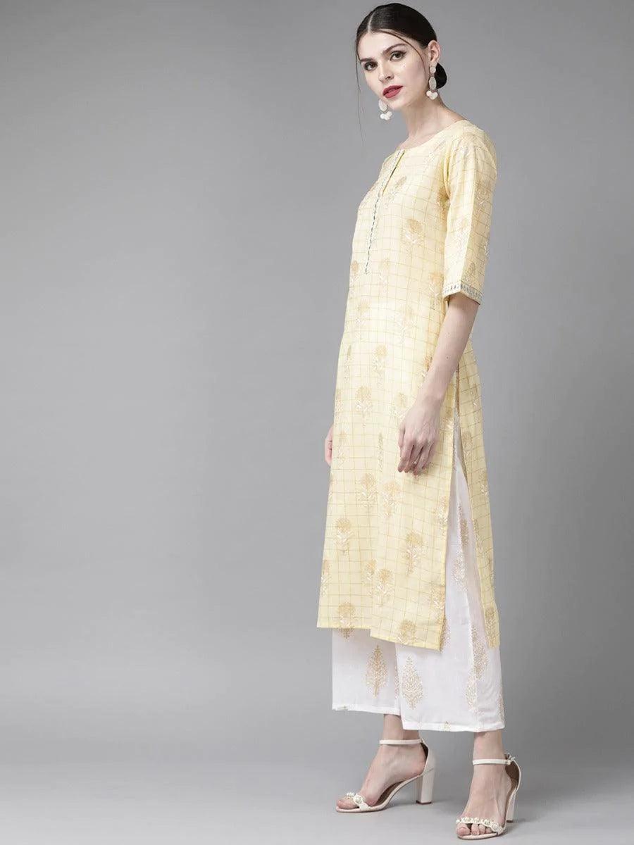 Pastel Yellow Printed Cotton Suit Set