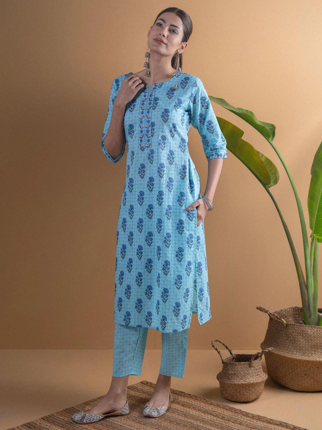 Blue Printed Cotton Kurta Set - ShopLibas