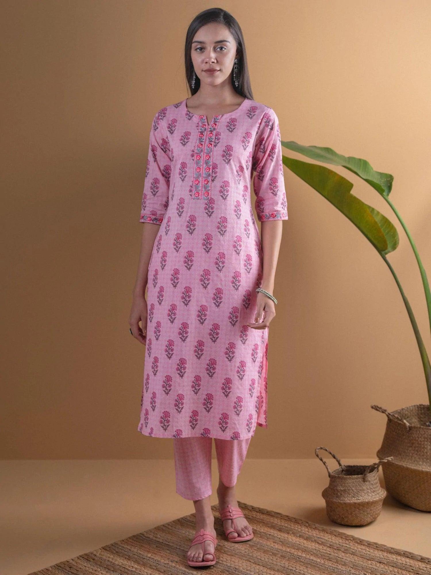 Pink Printed Cotton Kurta Set