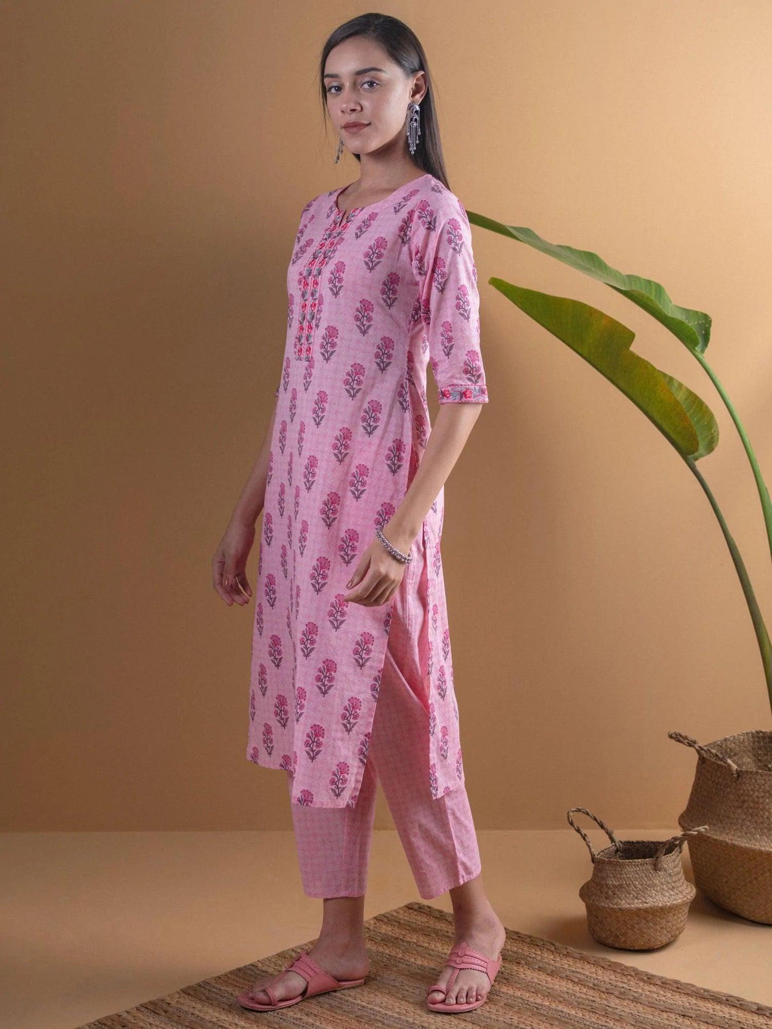 Pink Printed Cotton Kurta Set