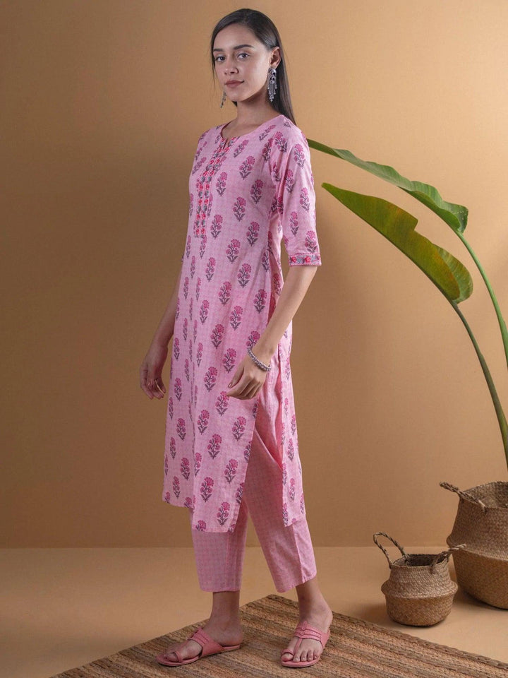 Pink Printed Cotton Kurta Set - ShopLibas