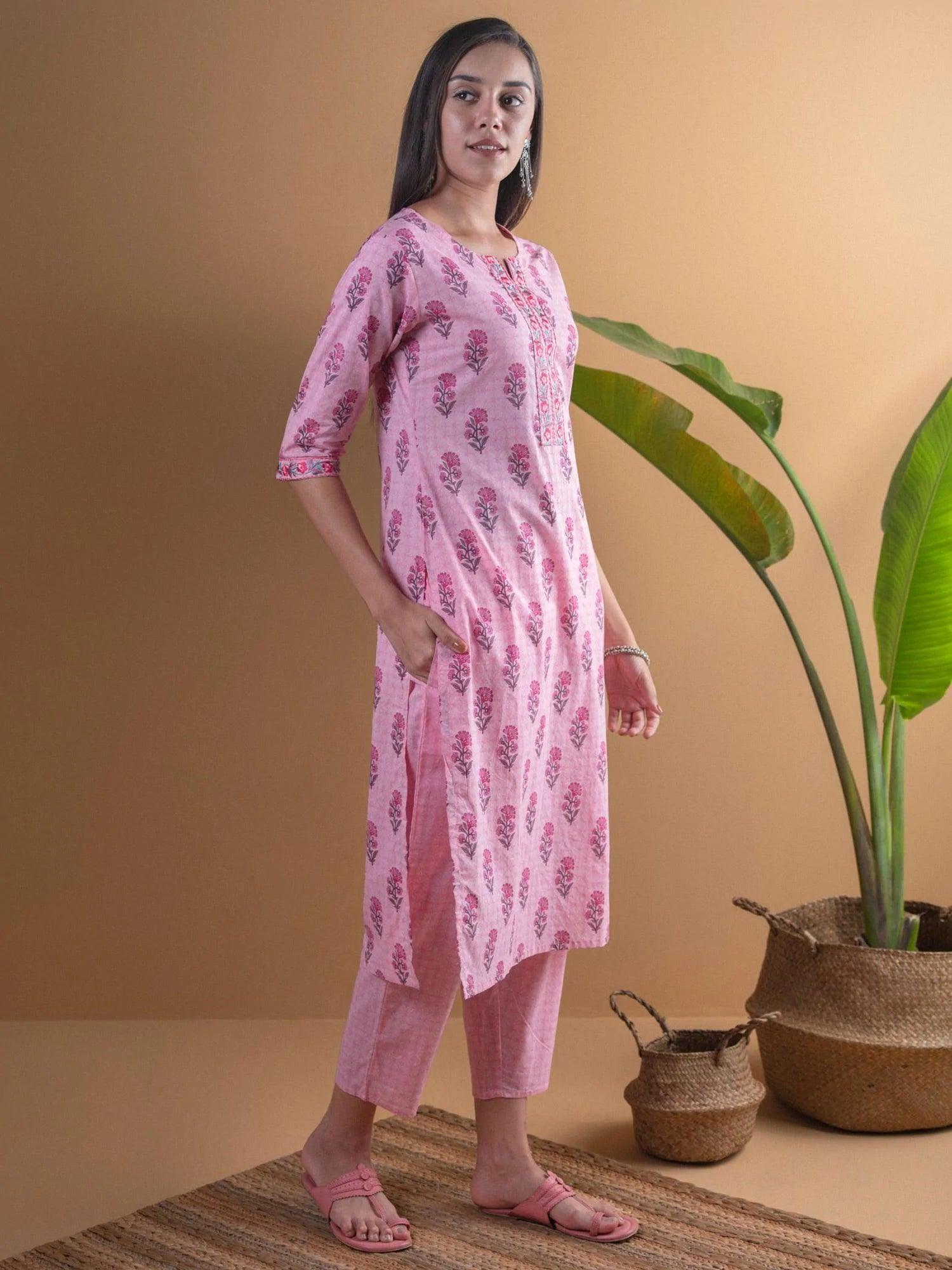 Pink Printed Cotton Kurta Set