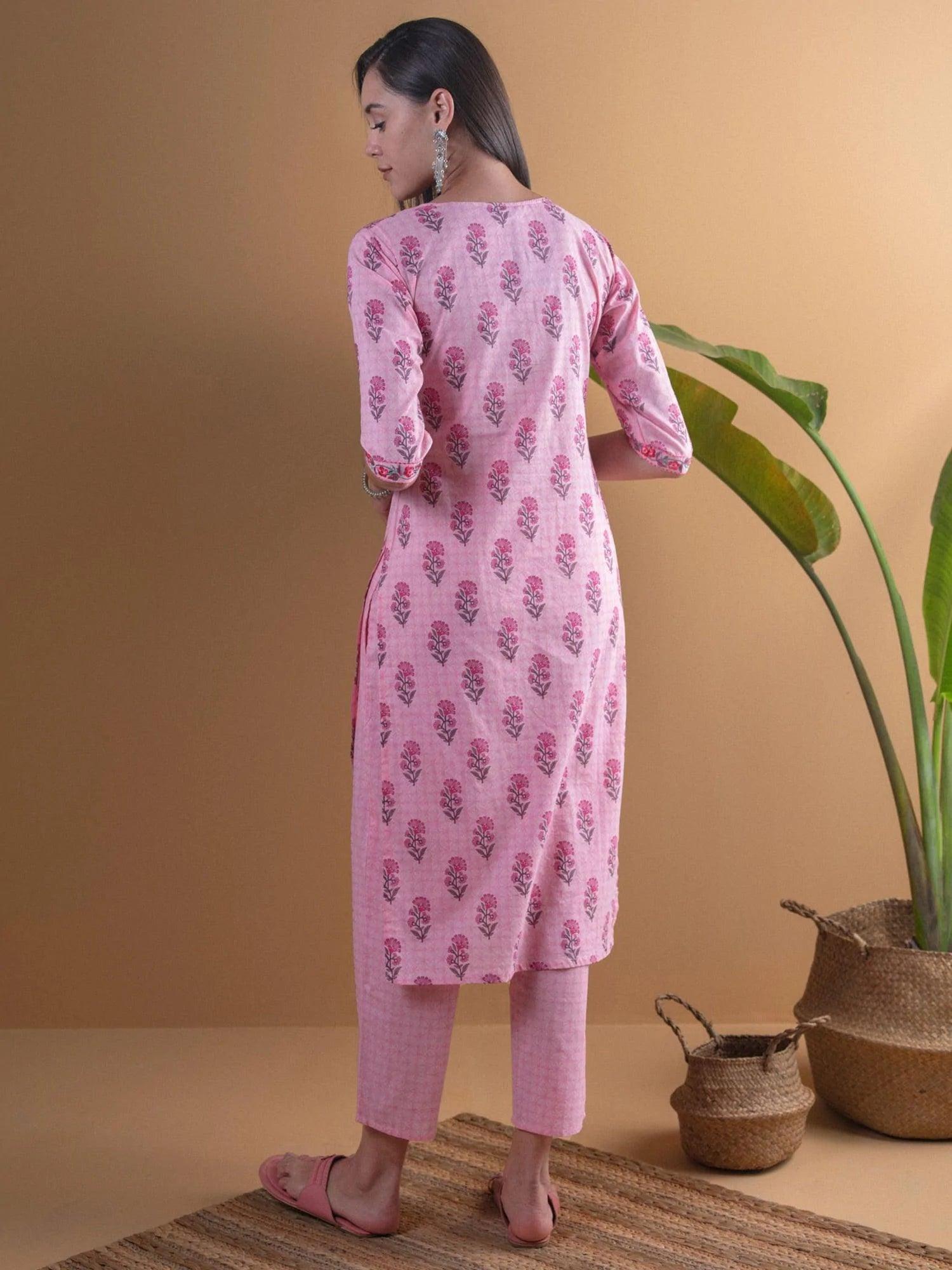 Pink Printed Cotton Kurta Set