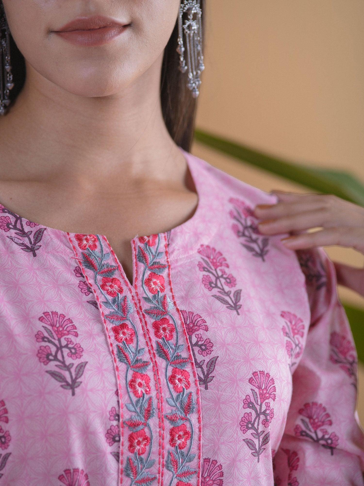 Pink Printed Cotton Kurta Set