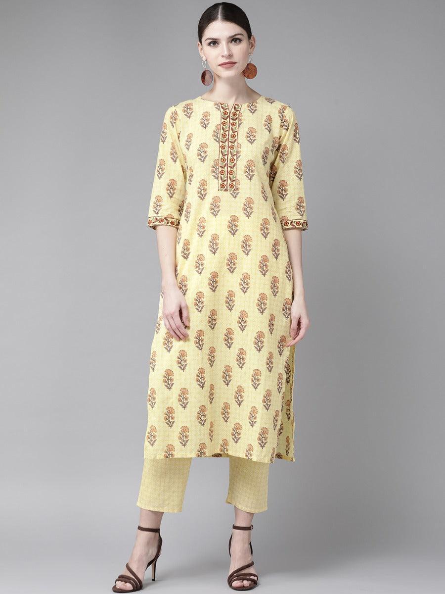 Yellow Printed Cotton Kurta Set