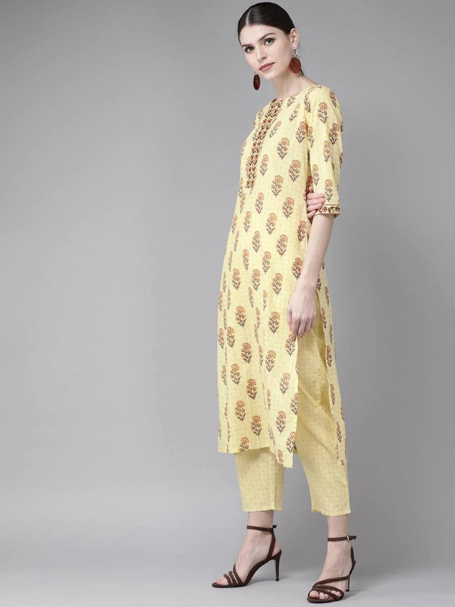 Yellow Printed Cotton Kurta Set