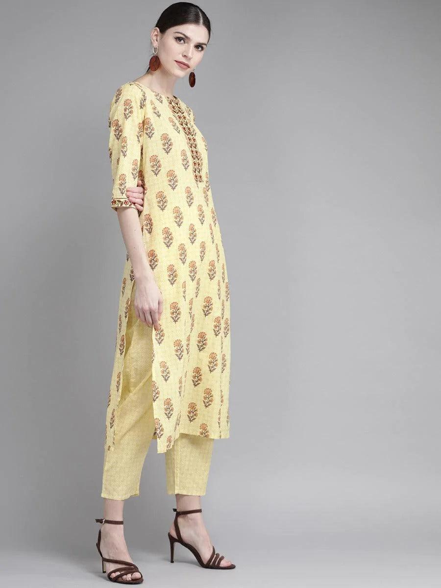 Yellow Printed Cotton Kurta Set