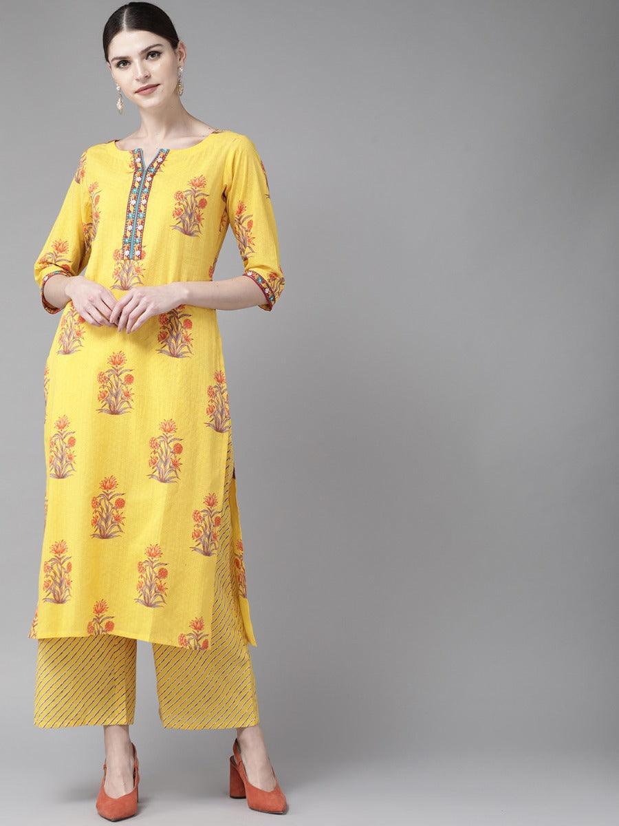 Yellow Printed Cotton Kurta Set