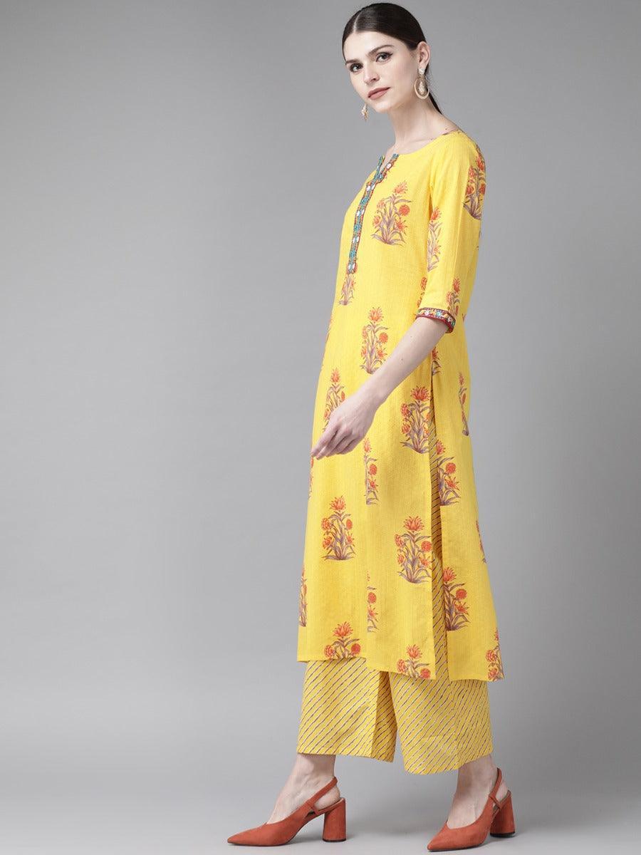 Yellow Printed Cotton Kurta Set