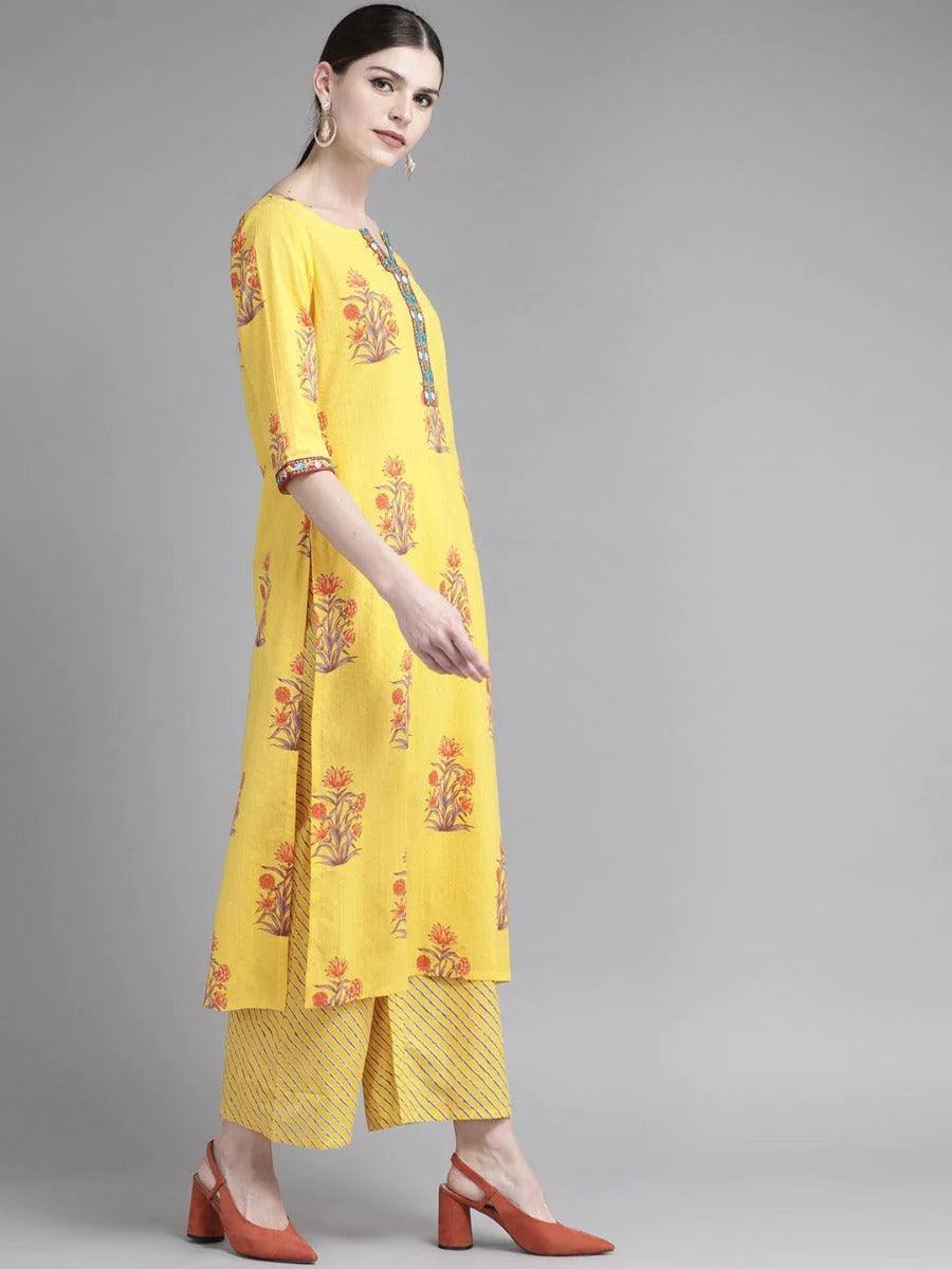 Yellow Printed Cotton Kurta Set