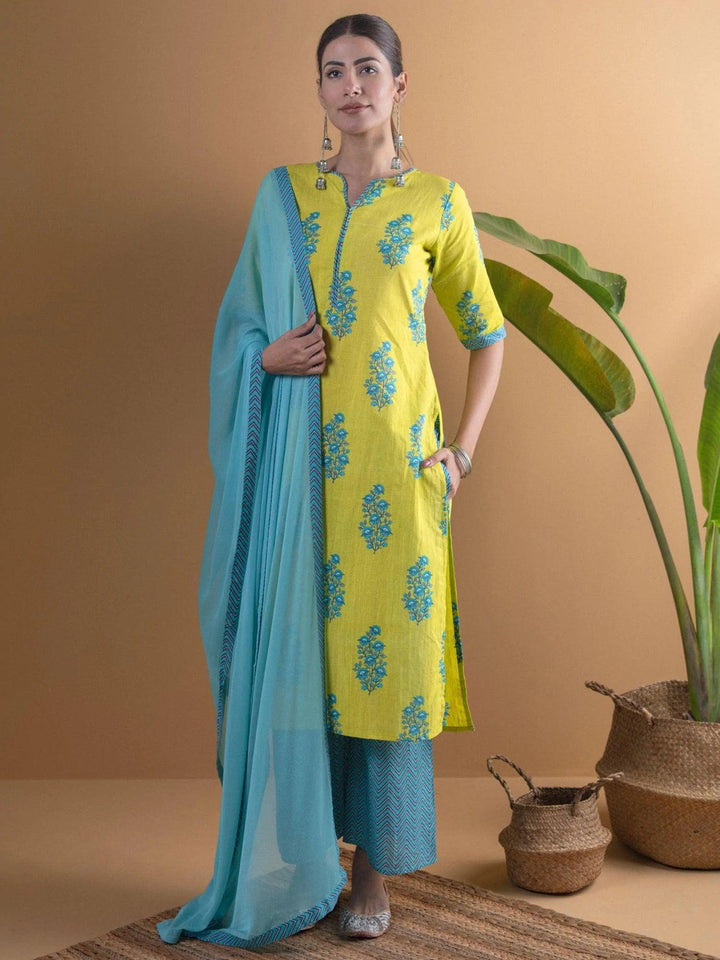 Lime Green Printed Cotton Suit Set - ShopLibas