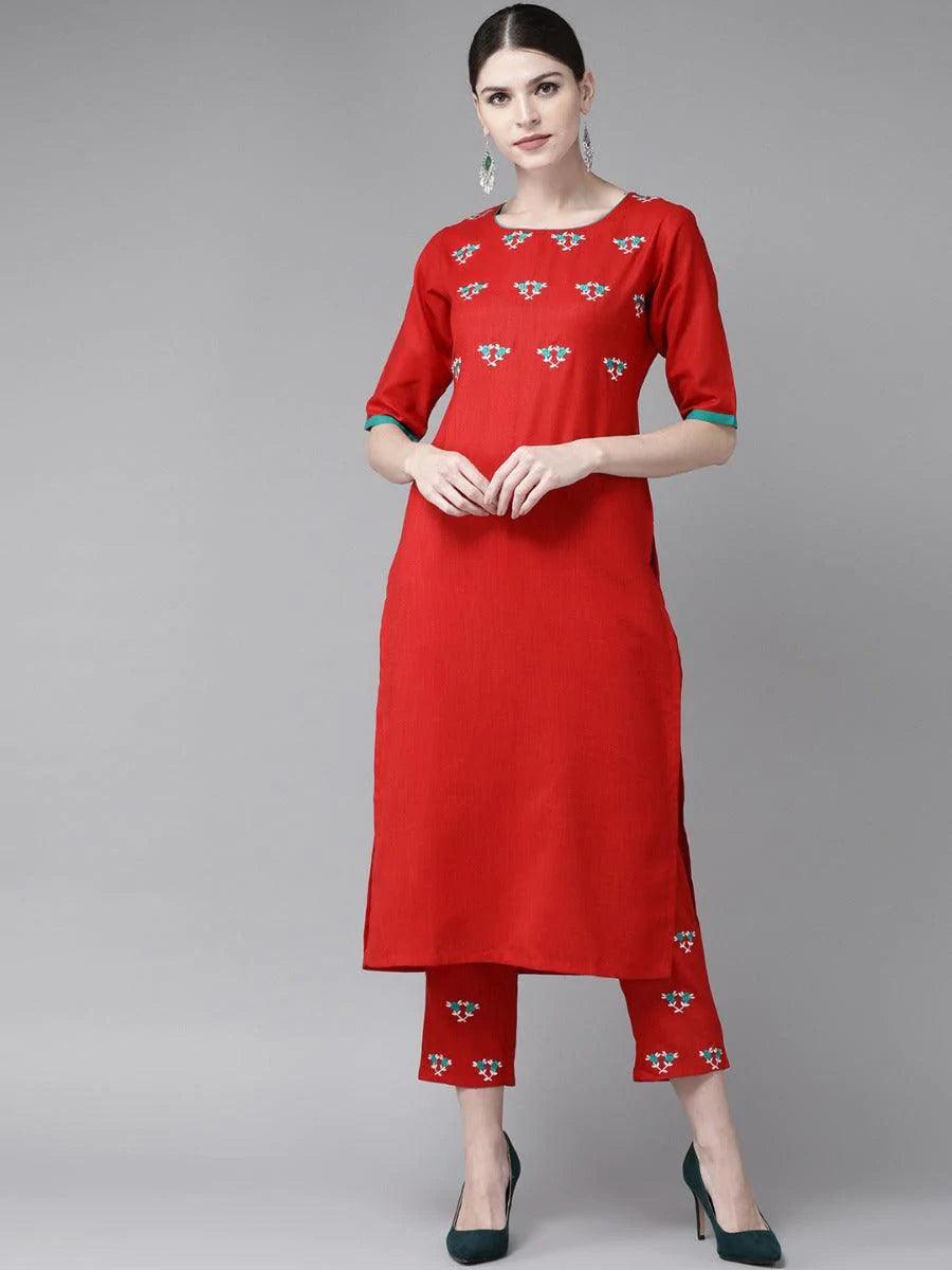 Red Embroidered Cotton Kurta Set