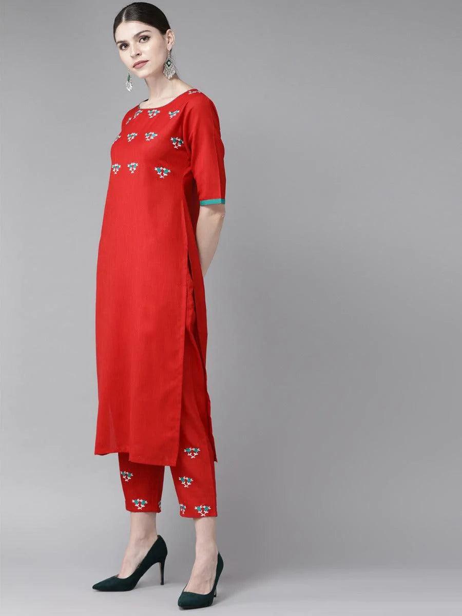 Red Embroidered Cotton Kurta Set