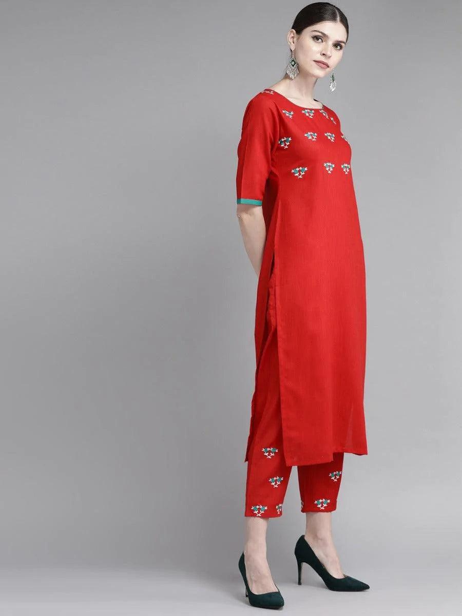 Red Embroidered Cotton Kurta Set