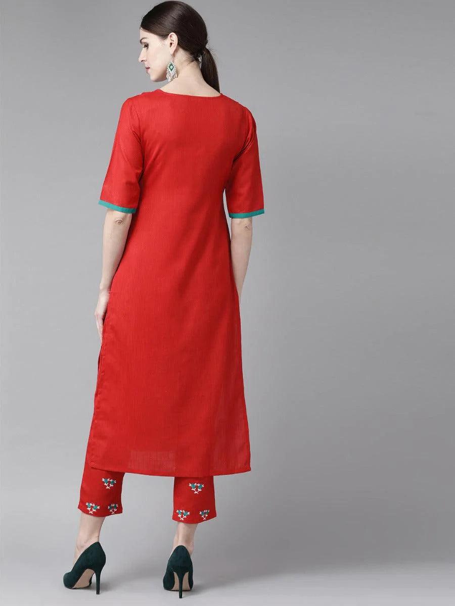 Red Embroidered Cotton Kurta Set