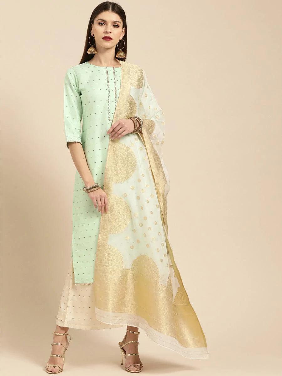 Sea Green Self Design Chanderi Suit Set - ShopLibas