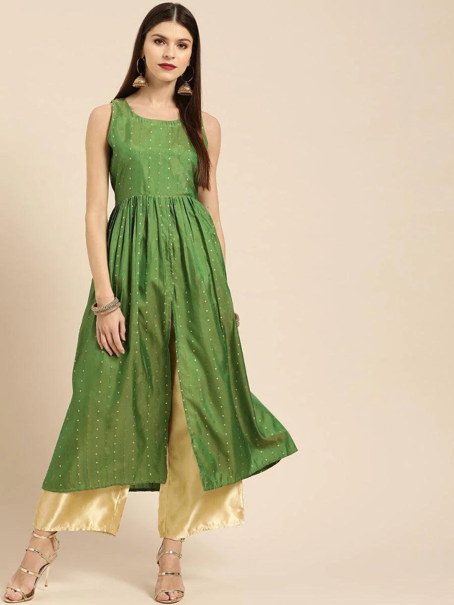 Green Zari Work Chanderi Kurta Set