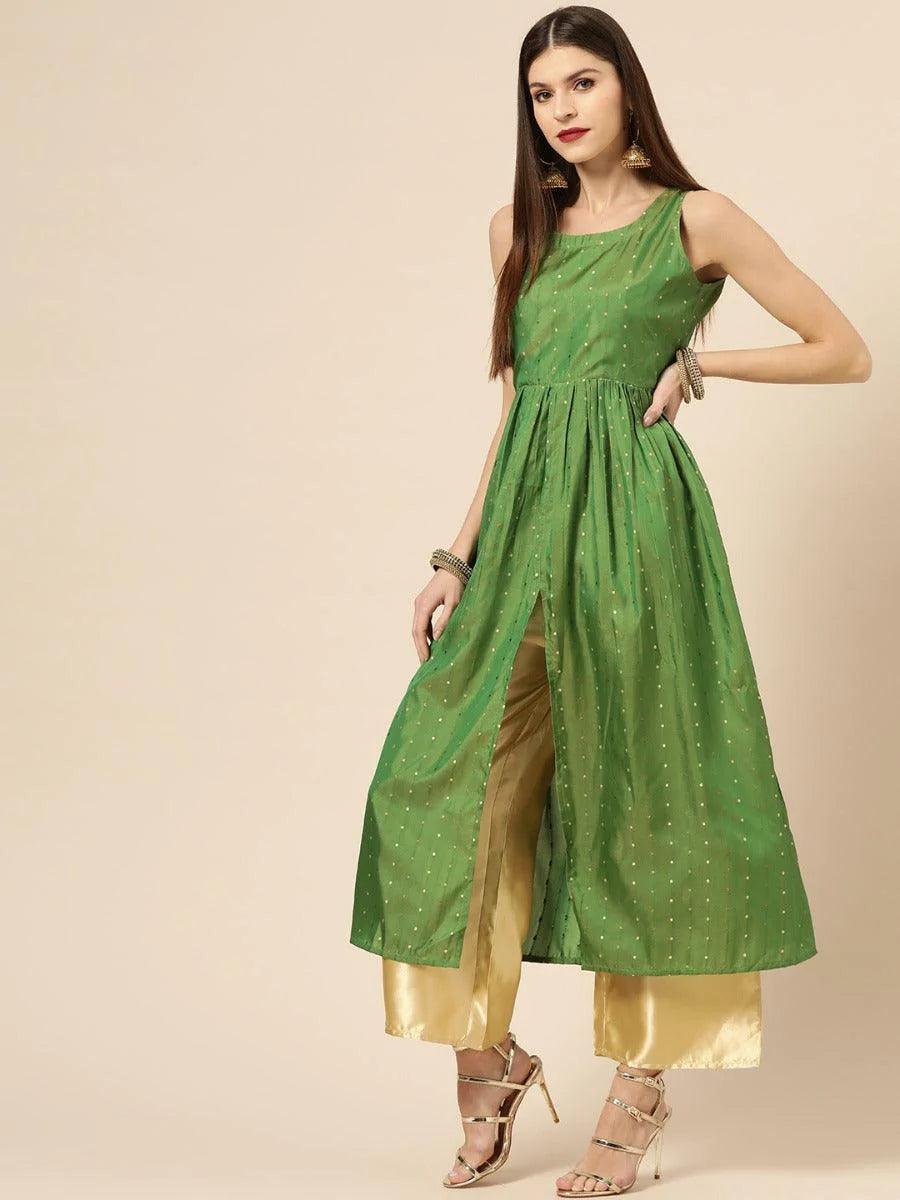 Green Zari Work Chanderi Kurta Set