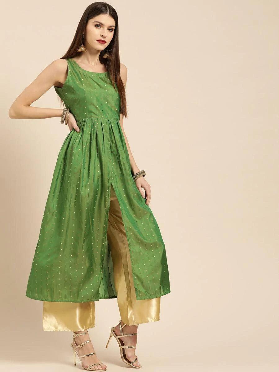 Green Zari Work Chanderi Kurta Set