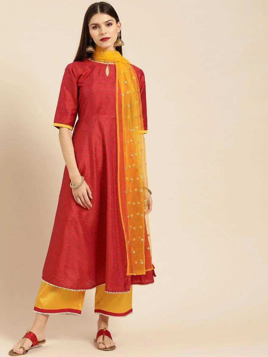 Red Zari Work Chanderi Suit Set - ShopLibas