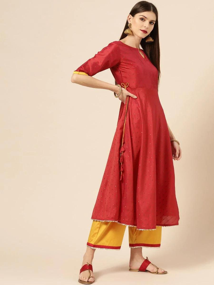 Red Zari Work Chanderi Suit Set - ShopLibas