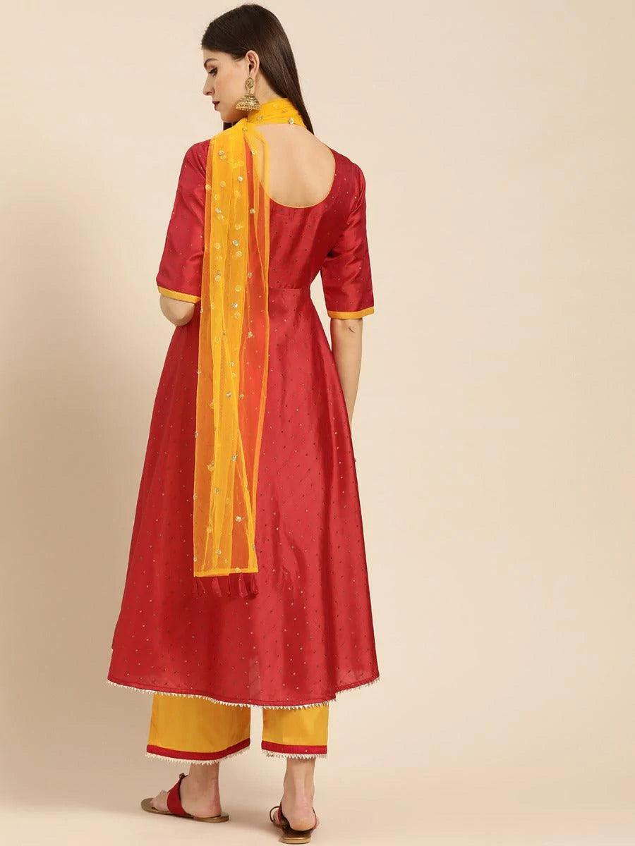 Red Zari Work Chanderi Suit Set - ShopLibas