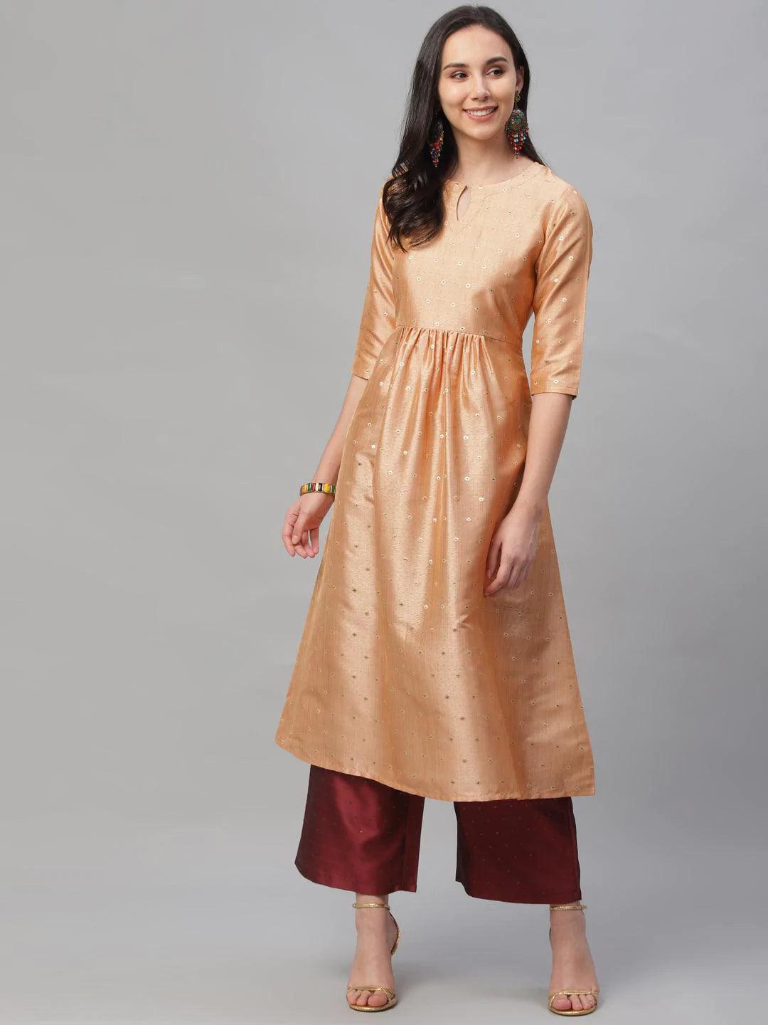 Peach Zari Work Chanderi Kurta Set