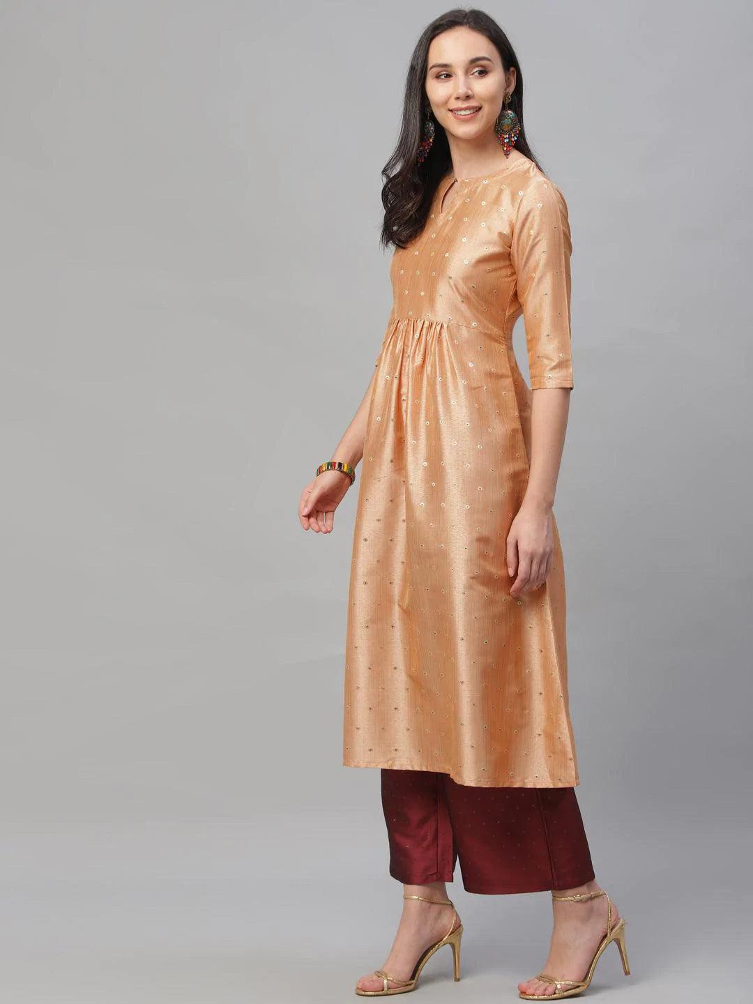 Peach Zari Work Chanderi Kurta Set