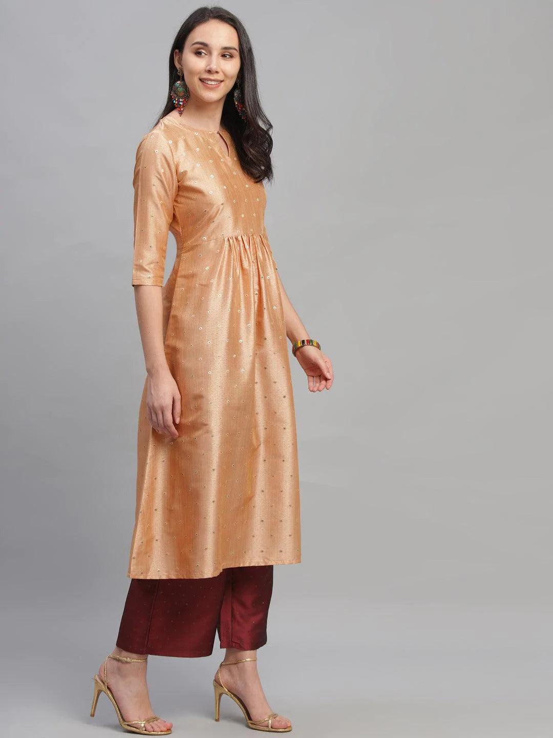 Peach Zari Work Chanderi Kurta Set