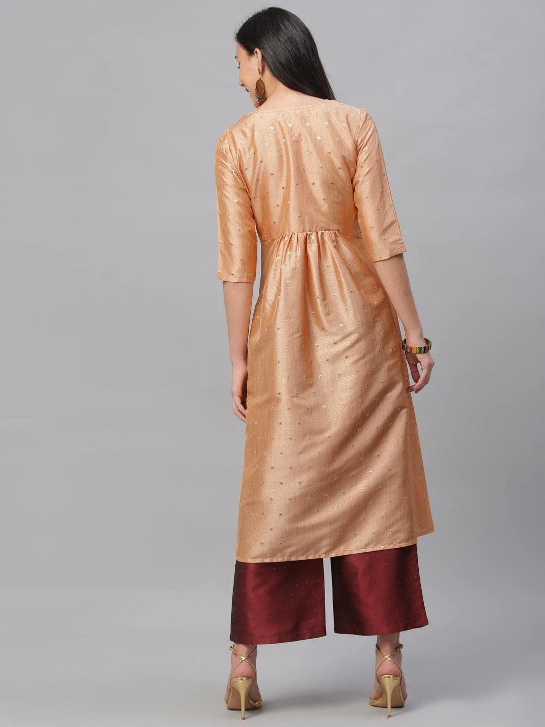 Peach Zari Work Chanderi Kurta Set