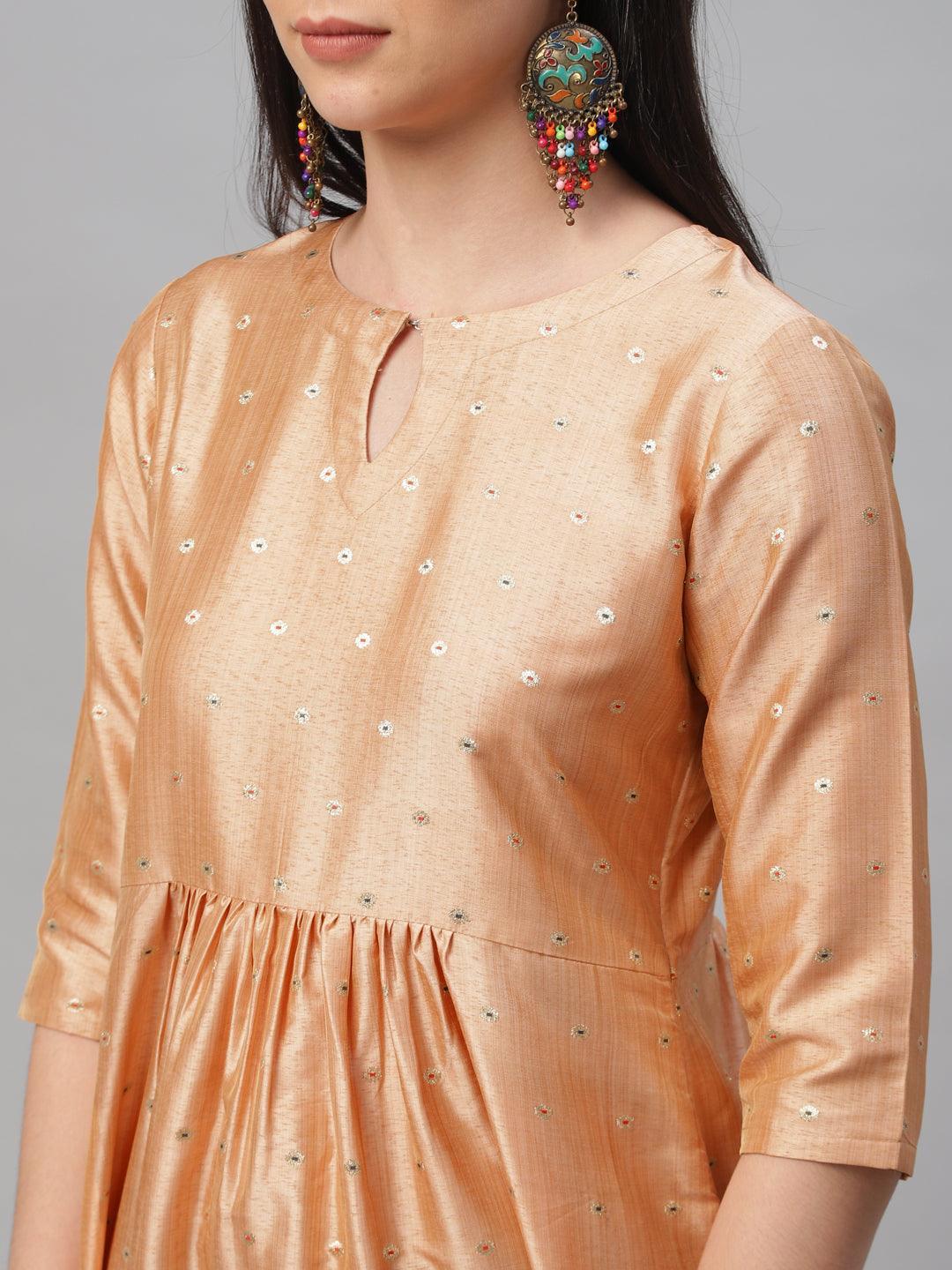 Peach Zari Work Chanderi Kurta Set