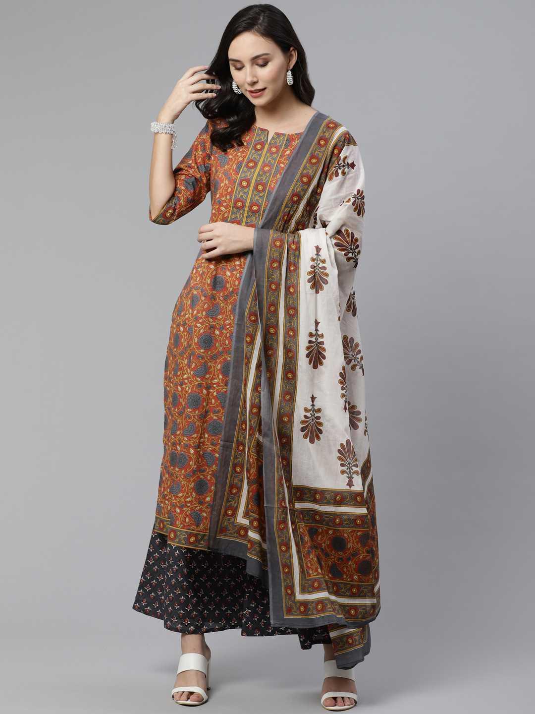 Brown Printed Cotton Suit Set