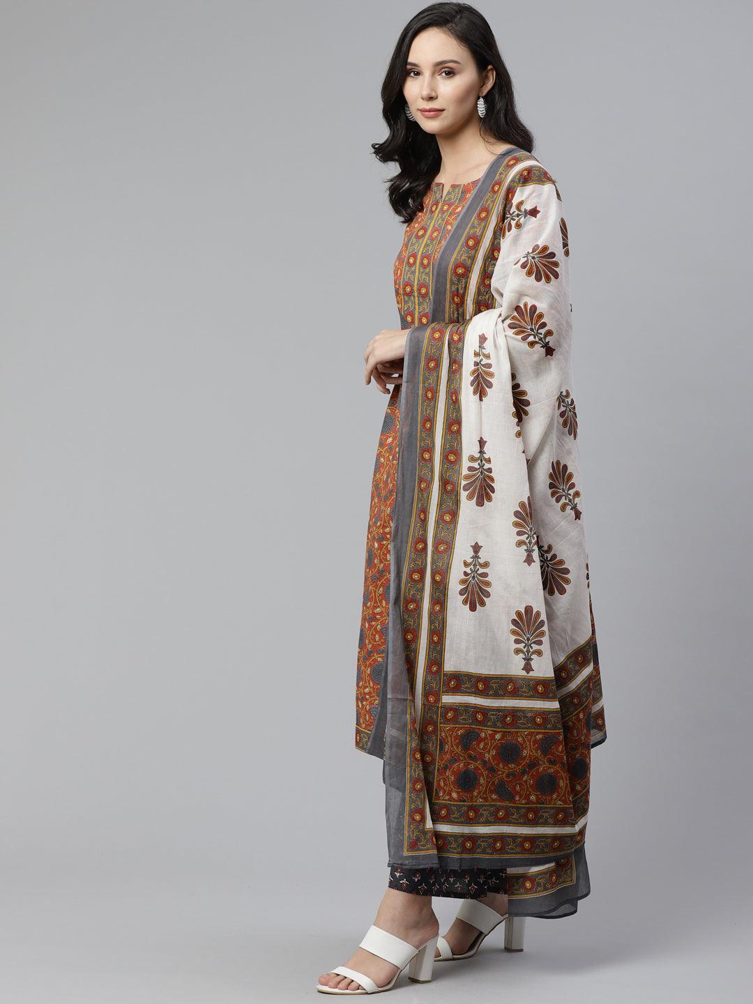 Brown Printed Cotton Suit Set