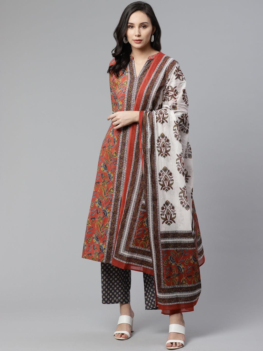 Rust Printed Cotton Suit Set