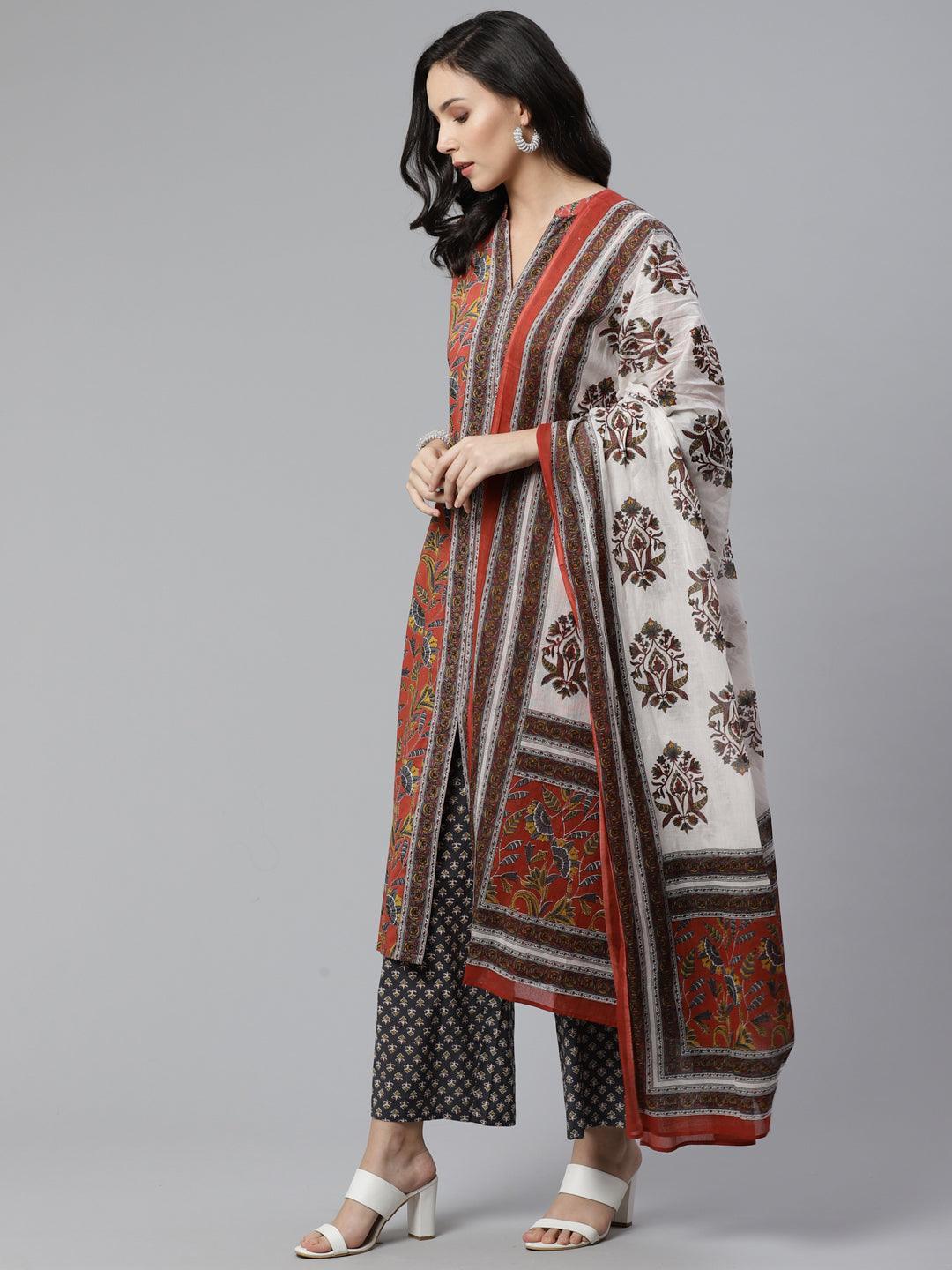 Rust Printed Cotton Suit Set