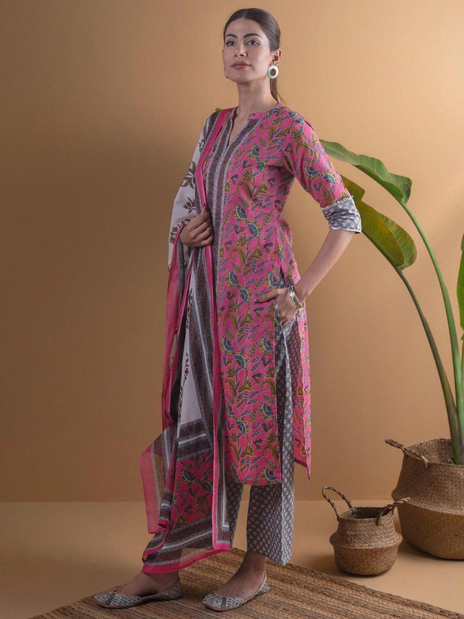 Pink Printed Cotton Suit Set