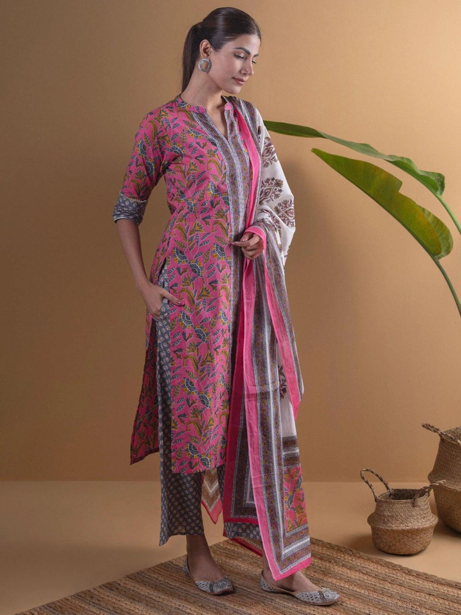 Pink Printed Cotton Suit Set