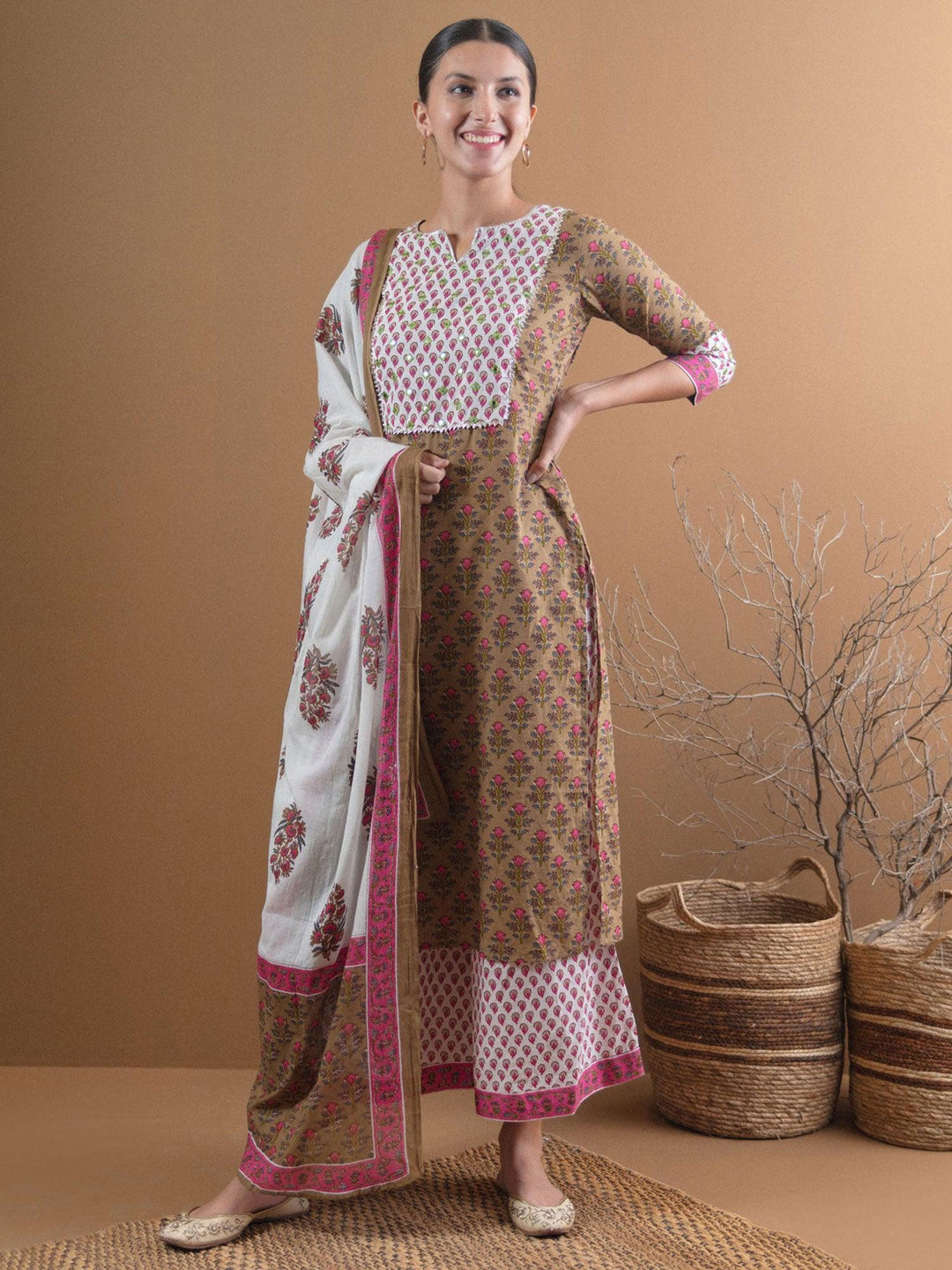 Olive Green Printed Cotton Suit Set - ShopLibas