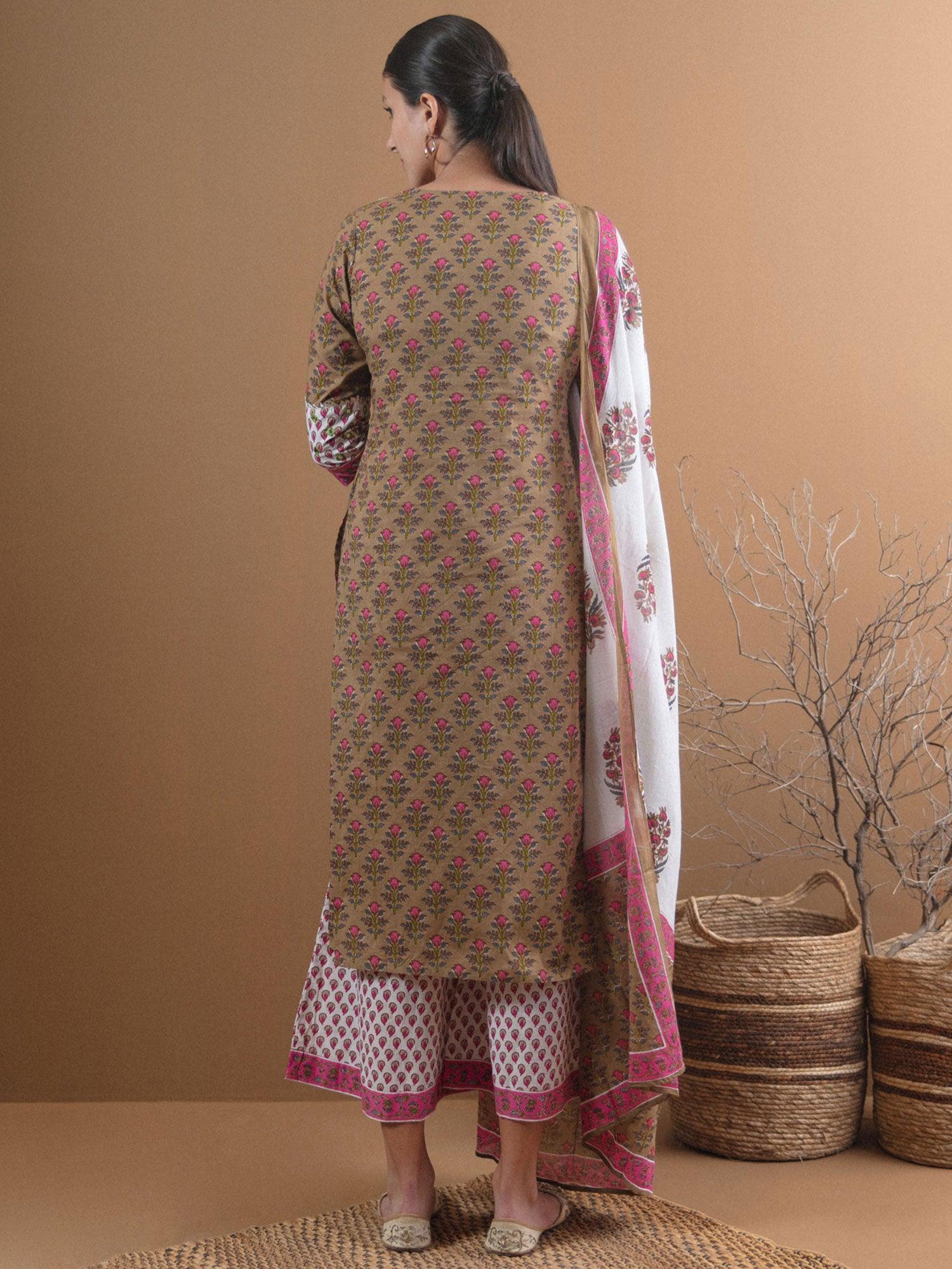 Olive Green Printed Cotton Suit Set